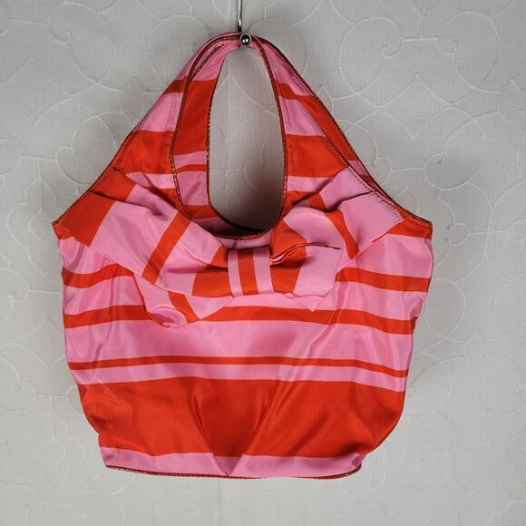 Kate Spade Womens Bow Bag Red Pink Striped Ribbon Nylon Tote Handbag Purse - Picture 1 of 15